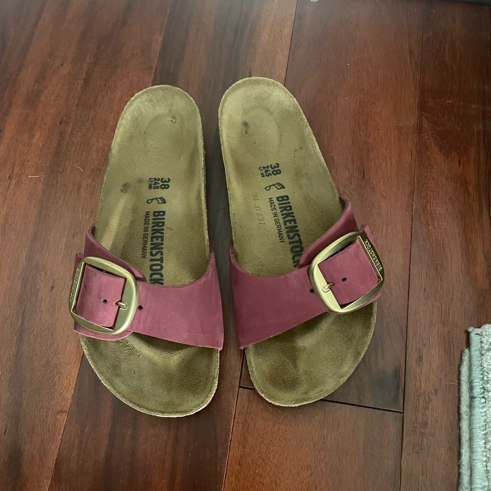 Birkenstock Burgundy Sandals with Gold Buckle